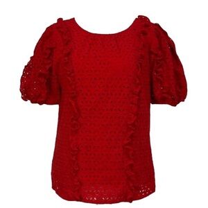 Rachel Parcell Red Eyelet puff sleeve top size Large